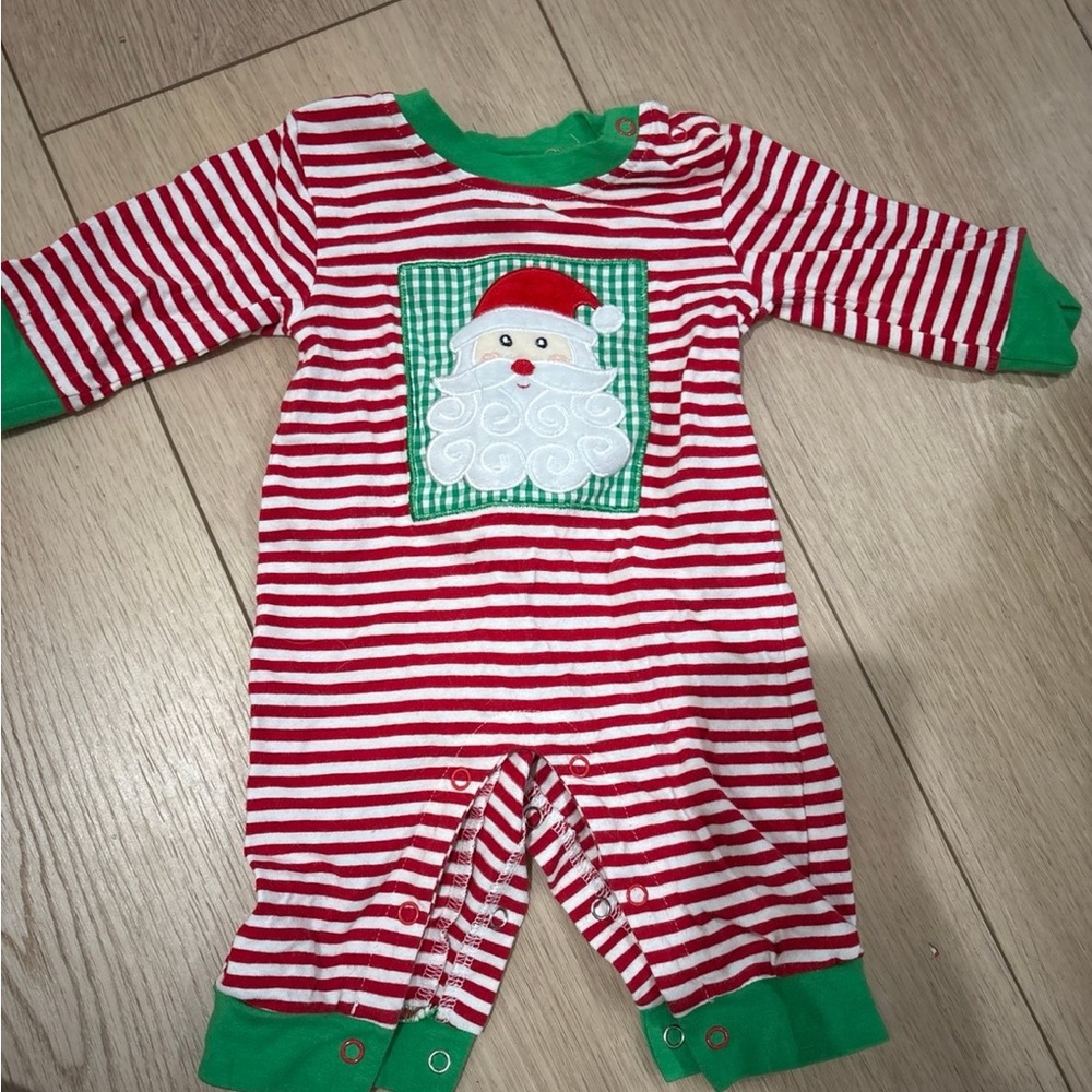 Festive Red and Green Striped Santa Baby Onesie